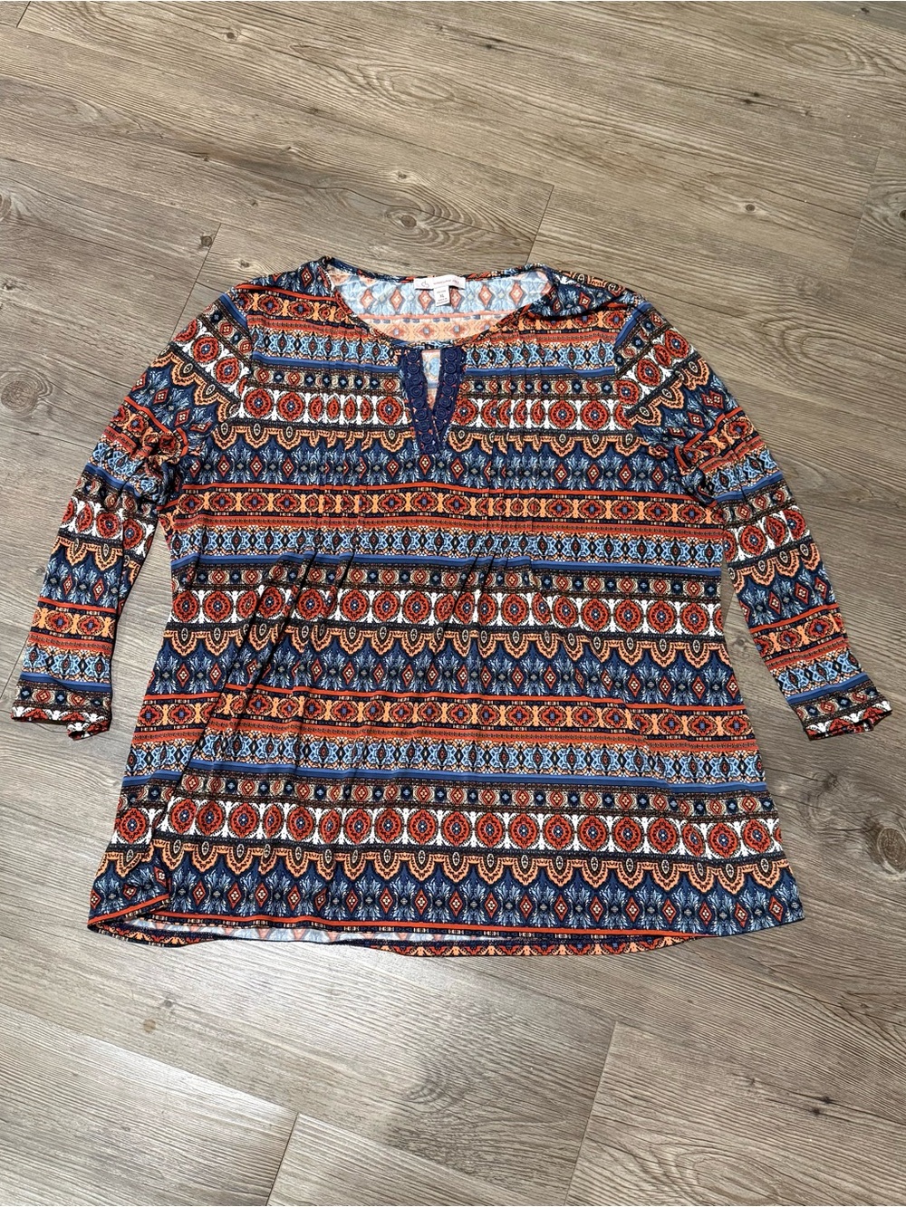 Dress Barn Boho Print Long Sleeve Top in Navy and Rust XLP